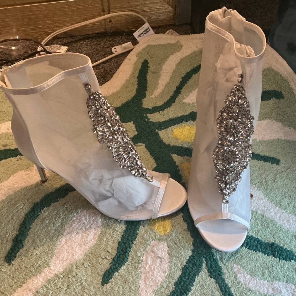 Lulu's White Jeweled Mesh Peep-Toe Ankle Boots